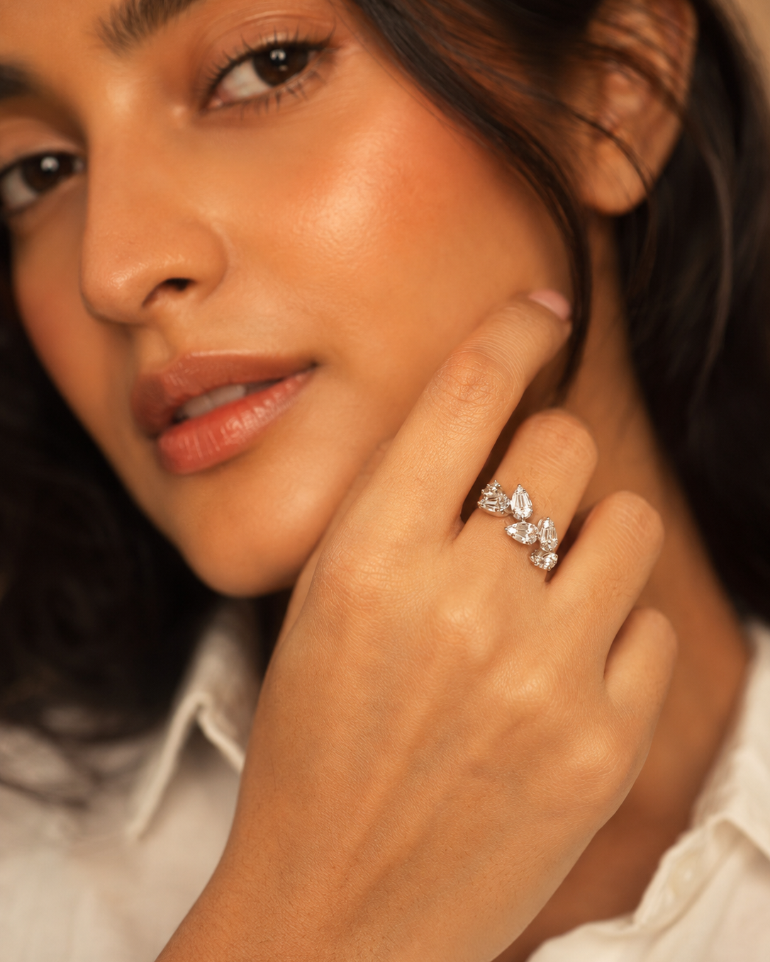 Petal Ring – Baguette & Round Leaf Open Adjustable Ring