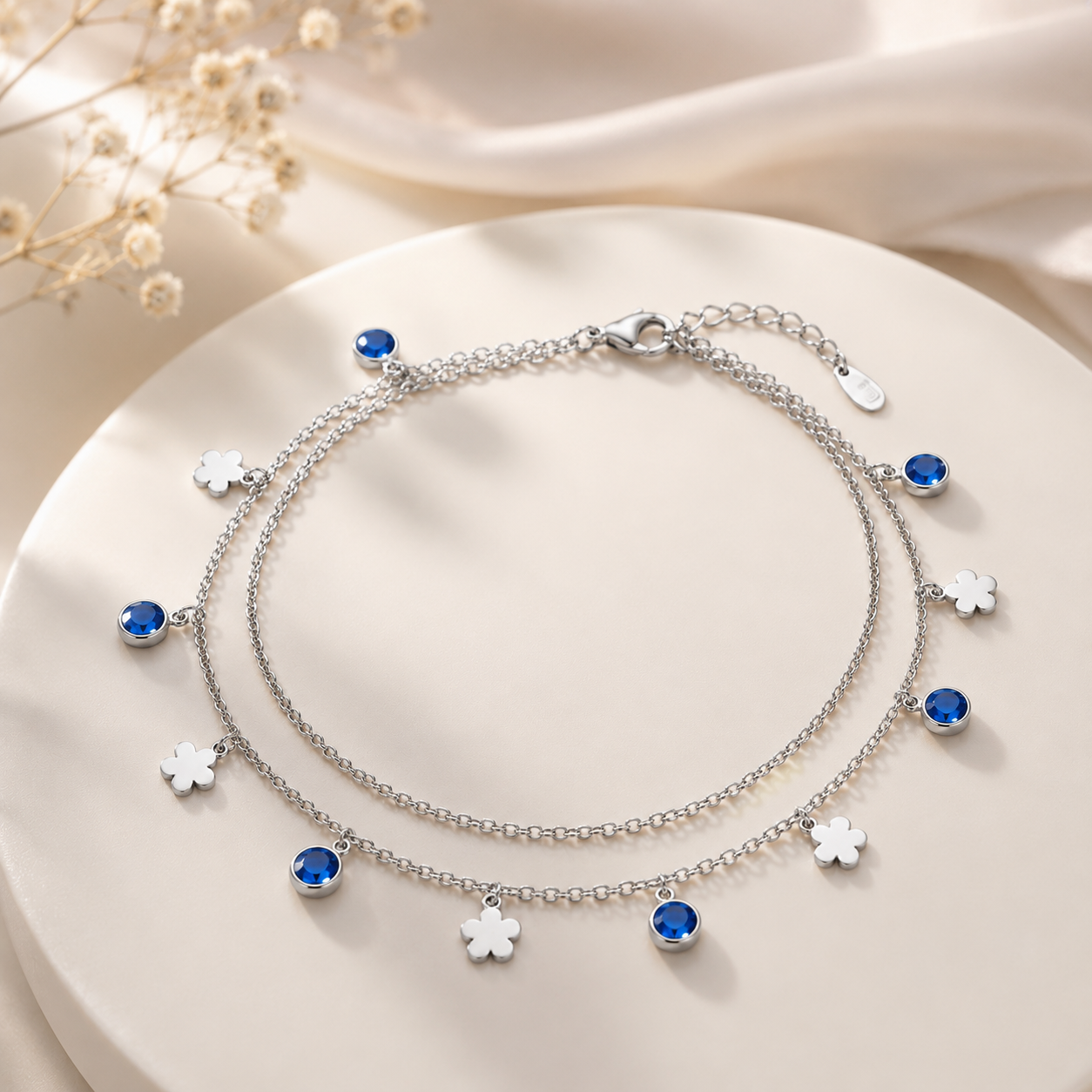 Blue Garden Anklet – Blue CZ Clover Double Chain Anklet