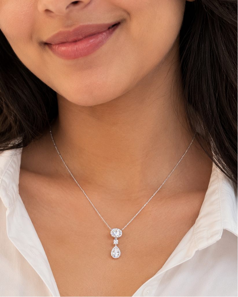 Oval & Pear Halo Drop Necklace for Women #color_silver