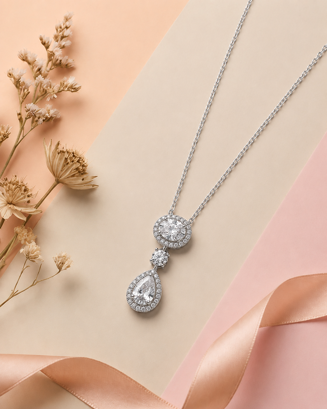 Two Stone Drop Necklace – Oval & Pear CZ Halo Drop Pendant