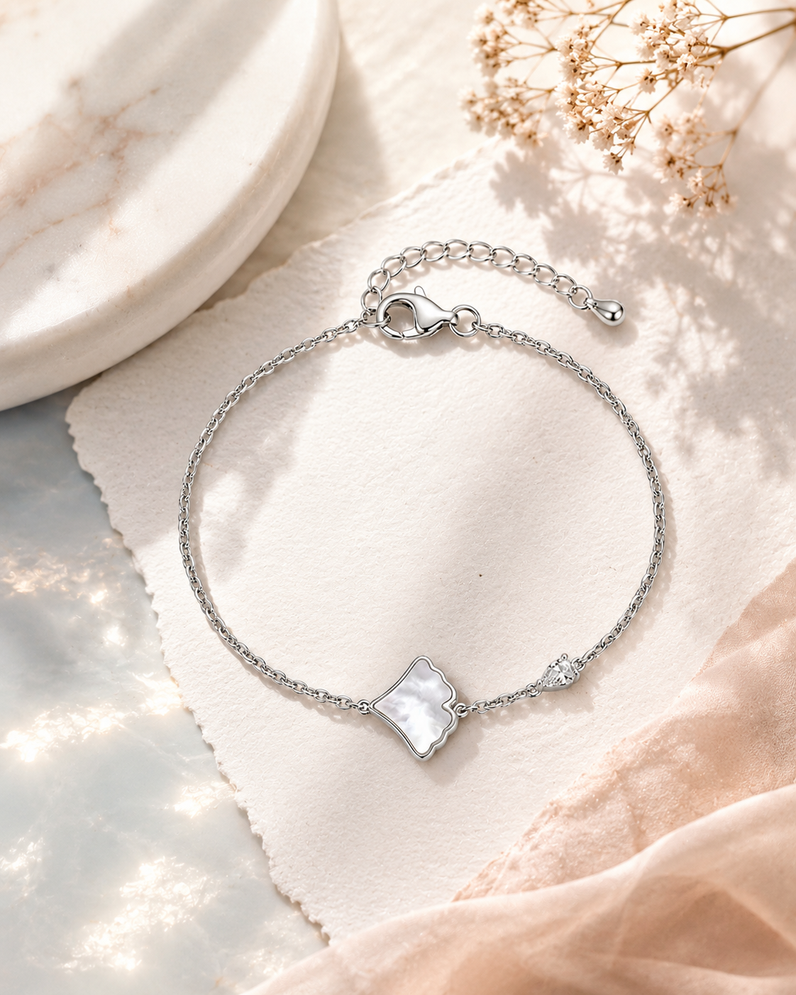 Soft Charm Bracelet – Mother of Pearl & Pear Cut CZ Minimal Bracelet