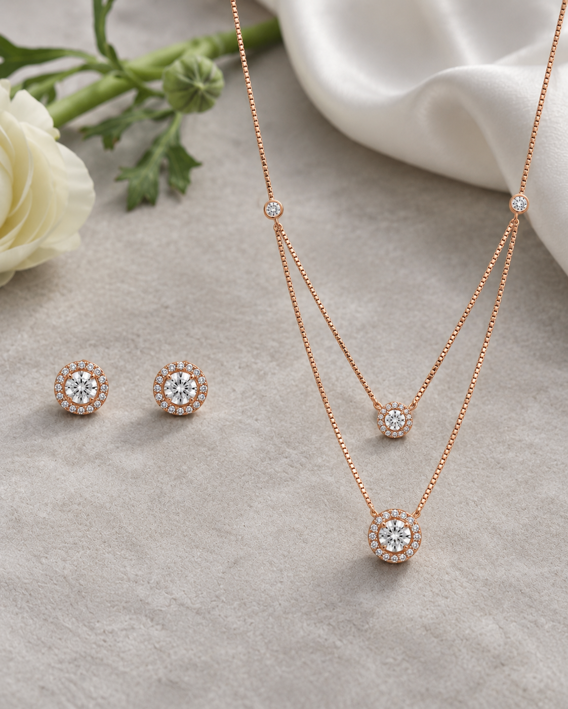 925 Sterling Silver tiered halo necklace and earrings set