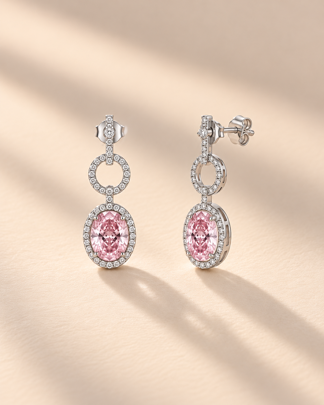 Pink Oval Halo Drop Earrings