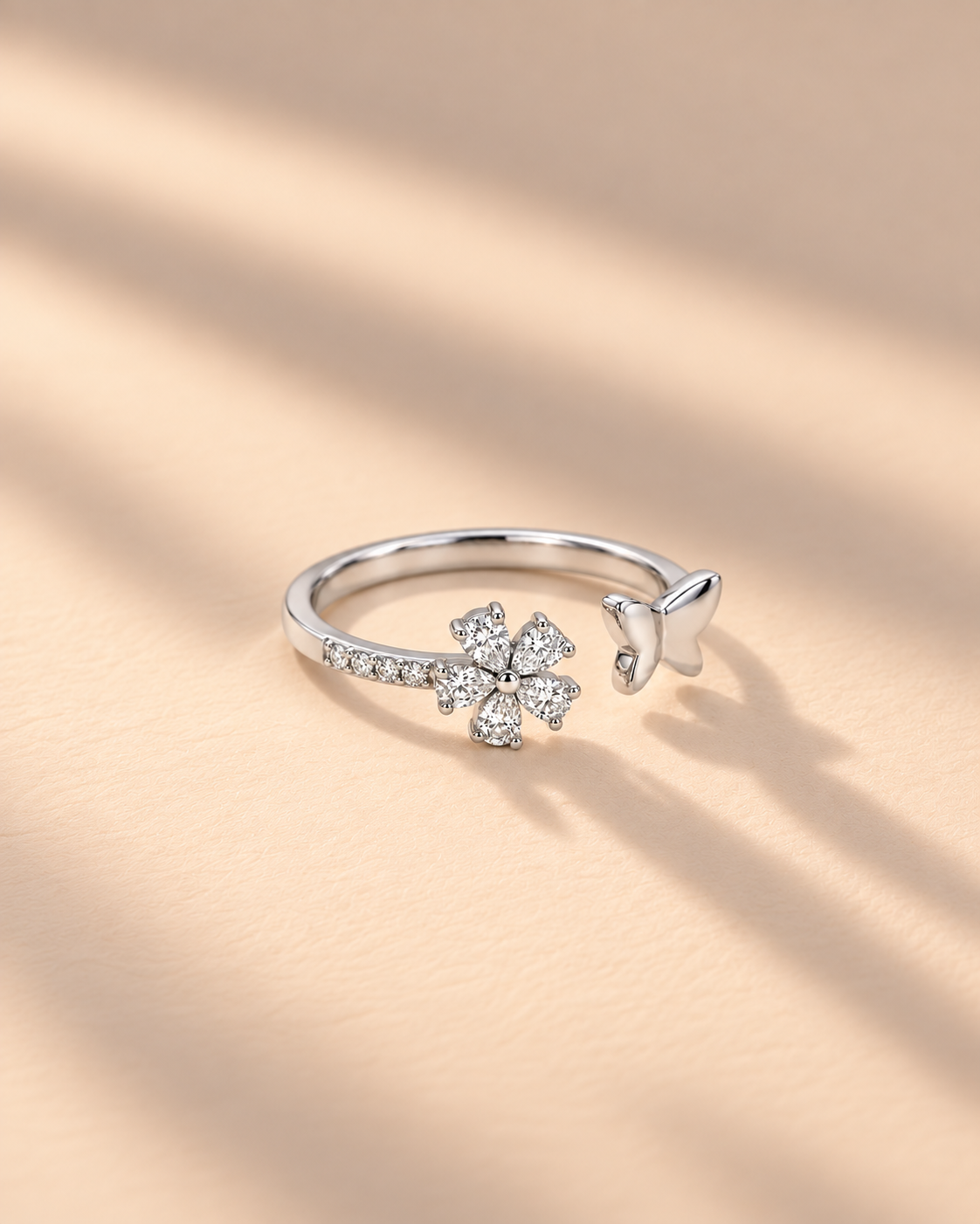 925 Silver Flower Butterfly Adjustable Ring #color_silver