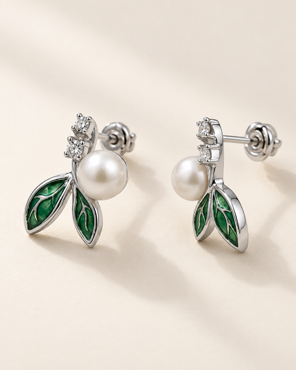 Emerald Pearl Leaf Stud Earrings #color_silver