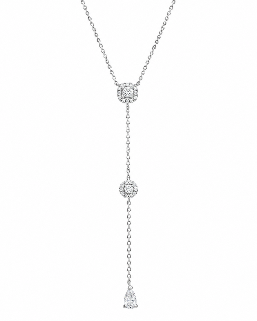 925 Sterling Silver square halo lariat necklace with round and pear drop accents