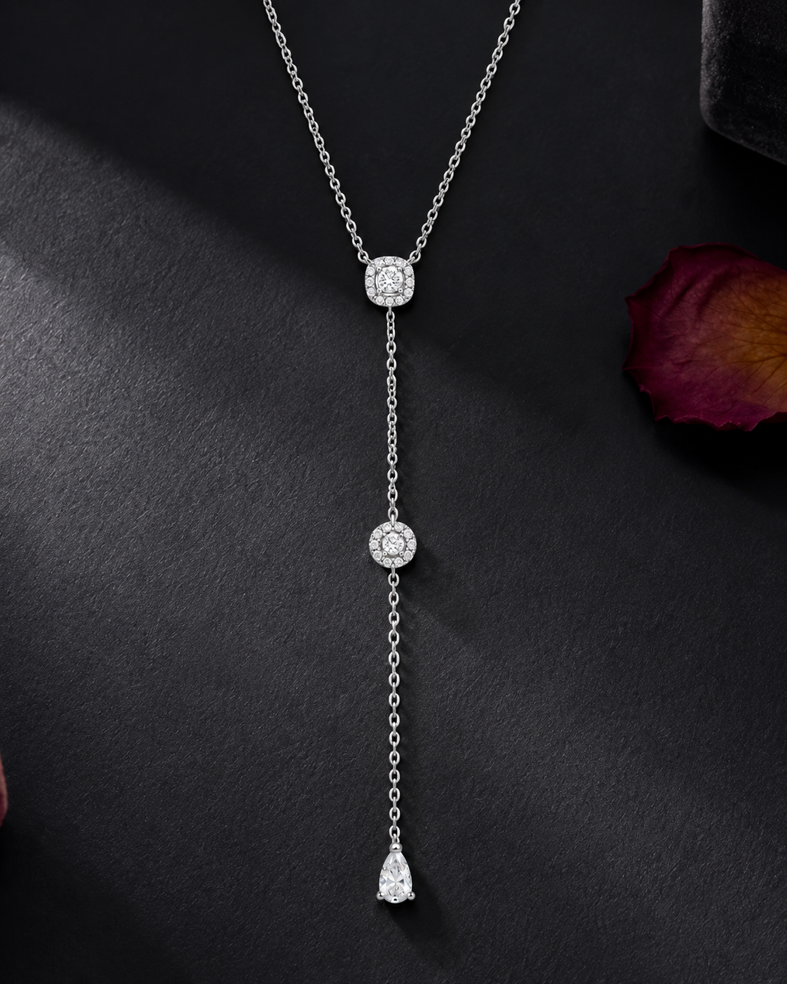 925 Sterling Silver square halo lariat necklace with round and pear drop accents