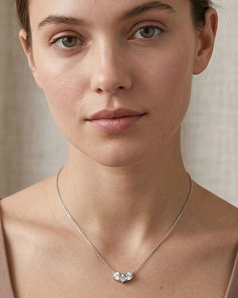 Bow CZ Twin Heart Necklace for Women#color_silver