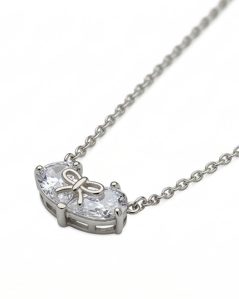 Bow CZ Twin Heart Necklace for Women#color_silver