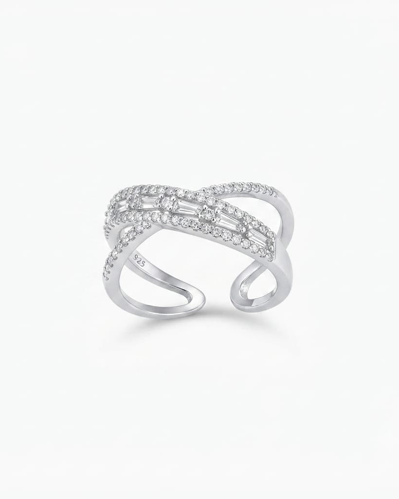 925 Sterling Silver crisscross ring with baguette and pavé white accents