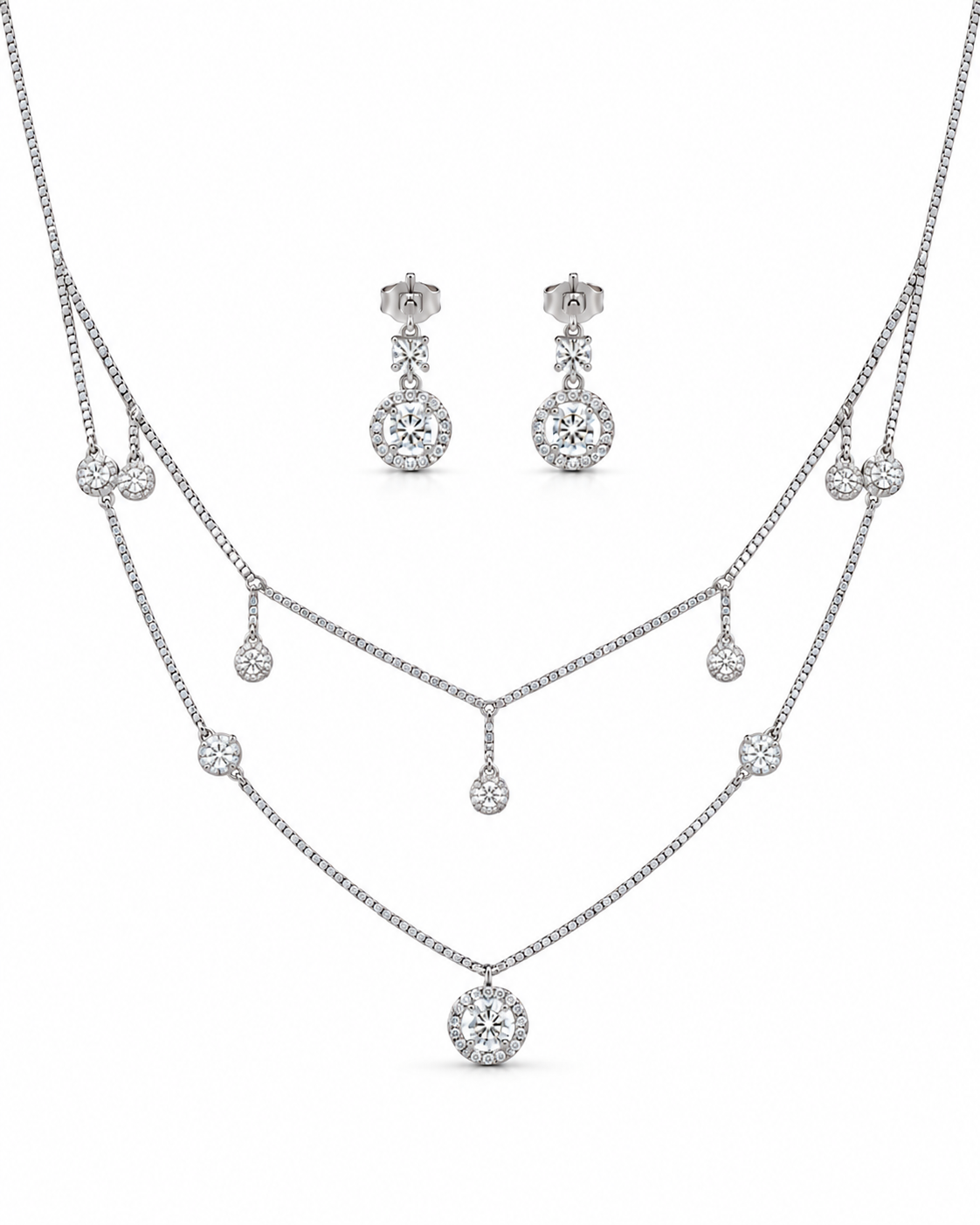 Layered necklace and earrings set with round-cut white accents#color_silver