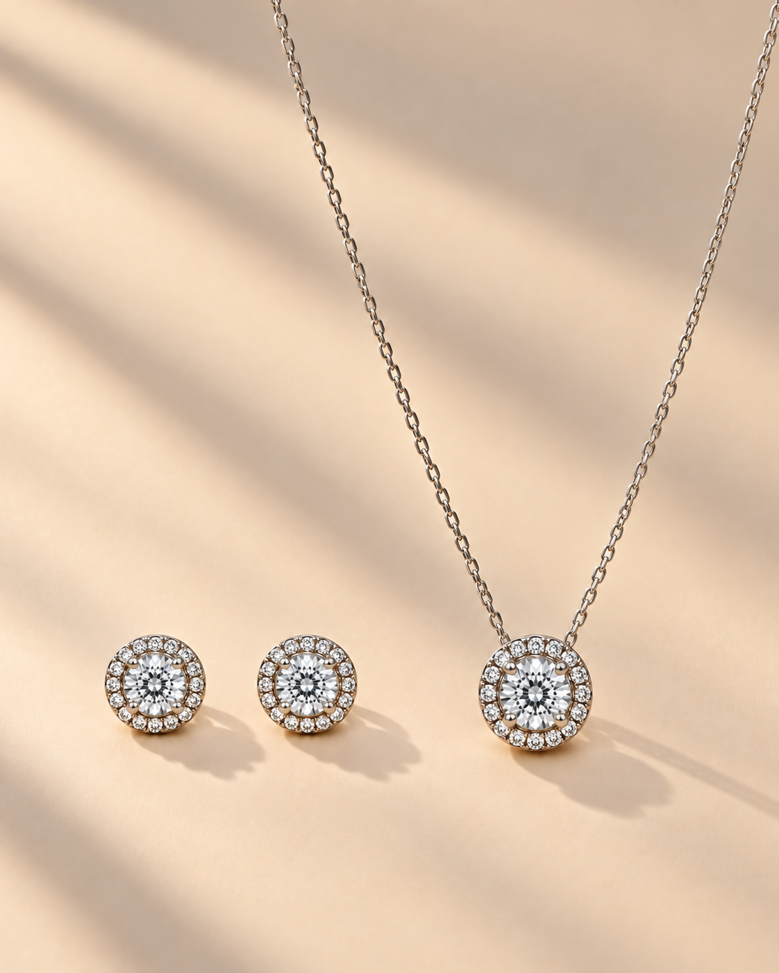 Round Halo Necklace & Earrings Set in 925 Silver | Cilvira
