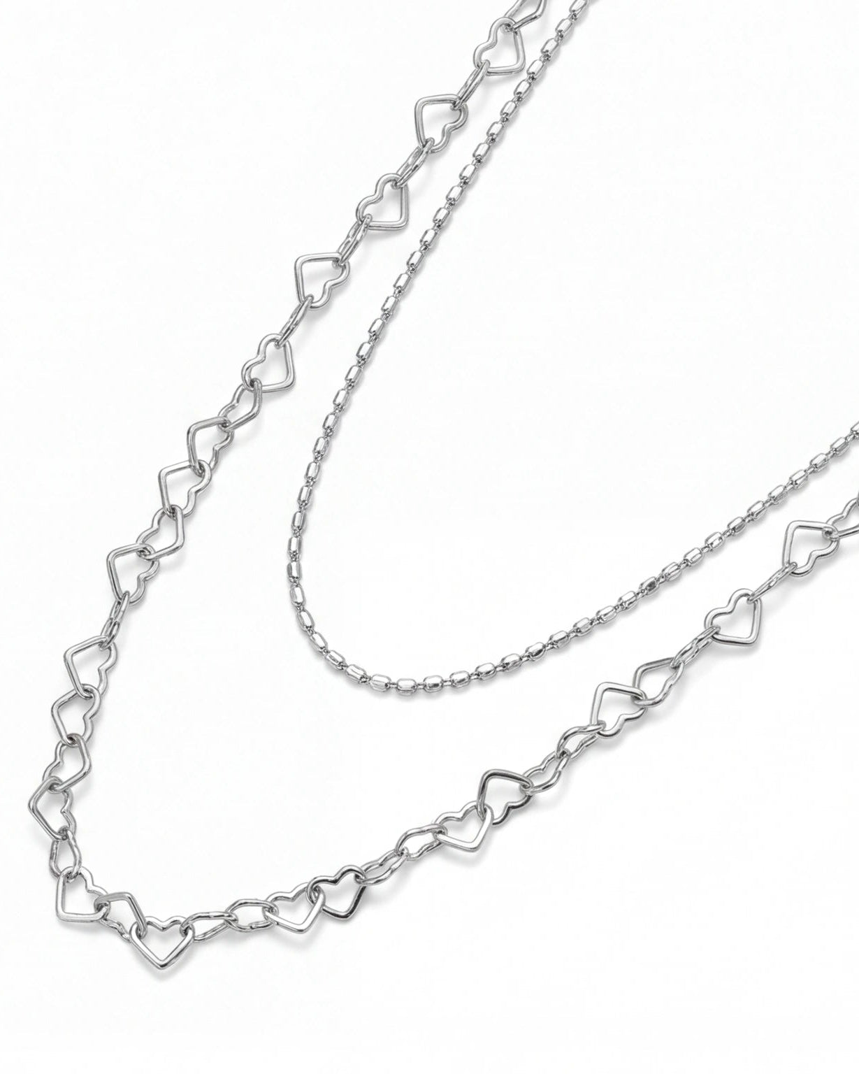 Layered silver necklace with double heart pendants #color_silver