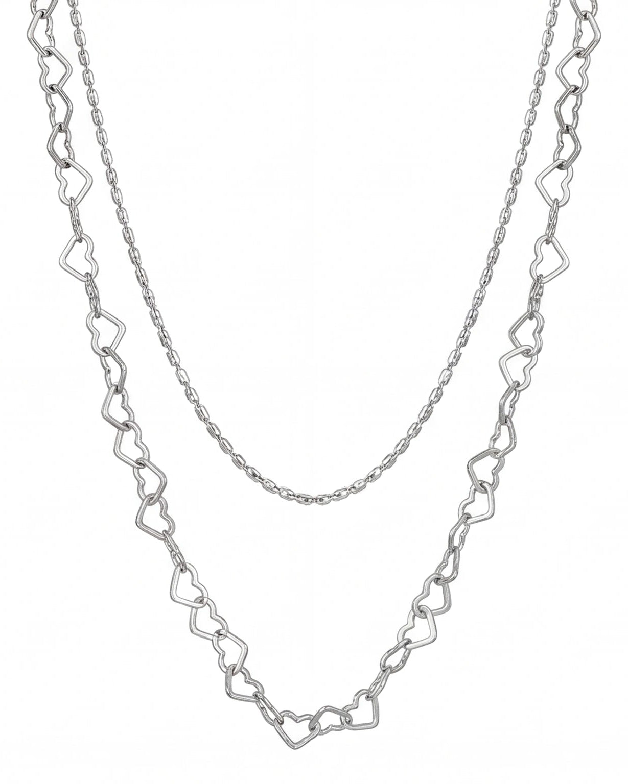 Layered silver necklace with double heart pendants #color_silver
