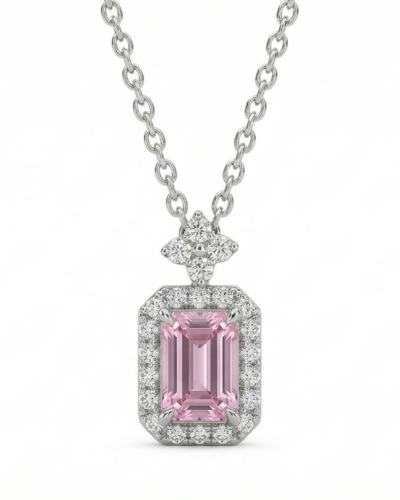 Pink CZ Halo Pendant Necklace for Women#color_silver