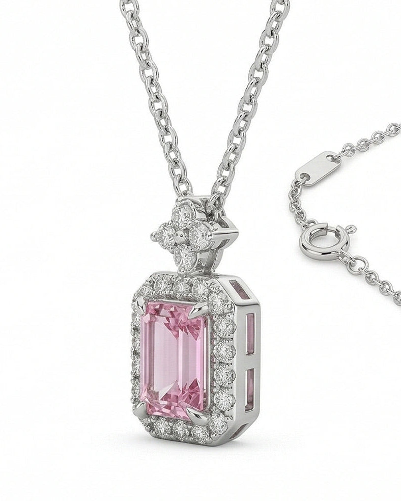 Pink CZ Halo Pendant Necklace for Women#color_silver