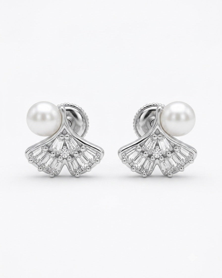 925 Silver Pearl Fan Stud Earrings with Sparkling Stones #color_silver