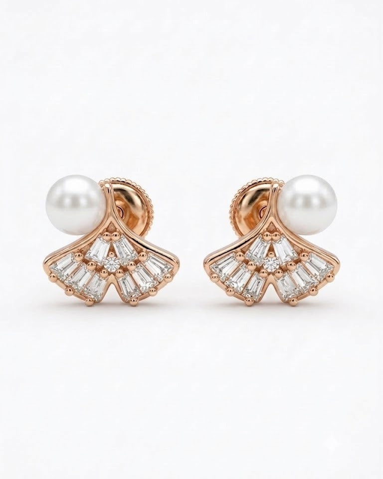 925 Silver Pearl Fan Stud Earrings with Sparkling Stones #color_rose gold