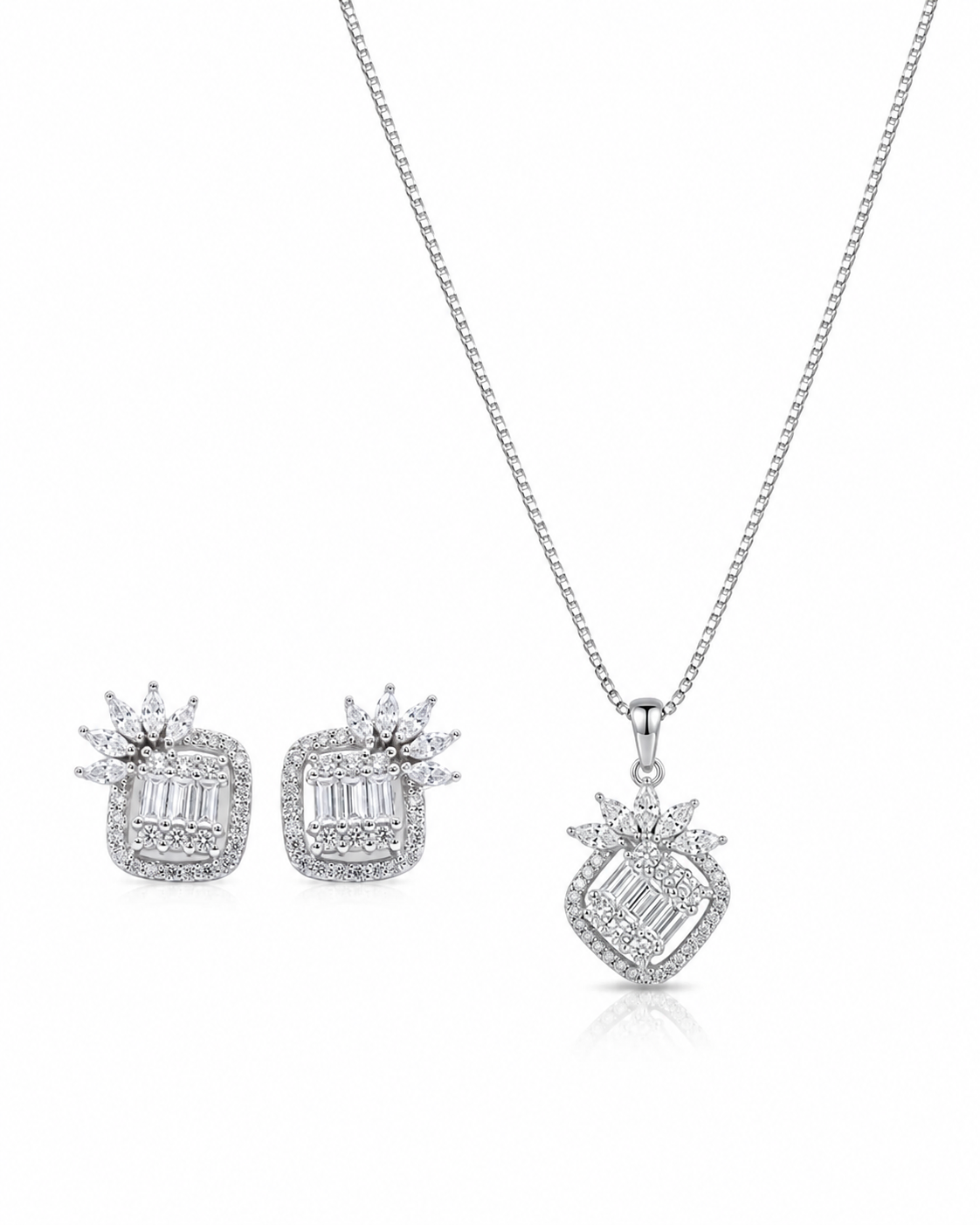 925 Sterling Silver floral halo necklace and earrings set 