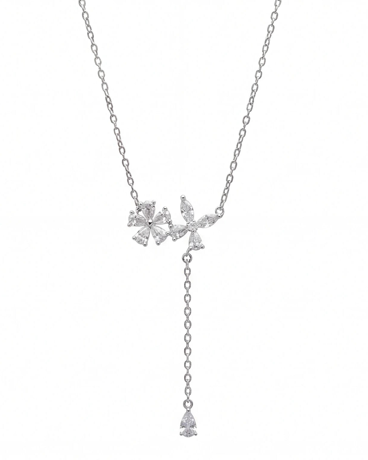 CZ Flower Drop Necklace for Women#color_silver
