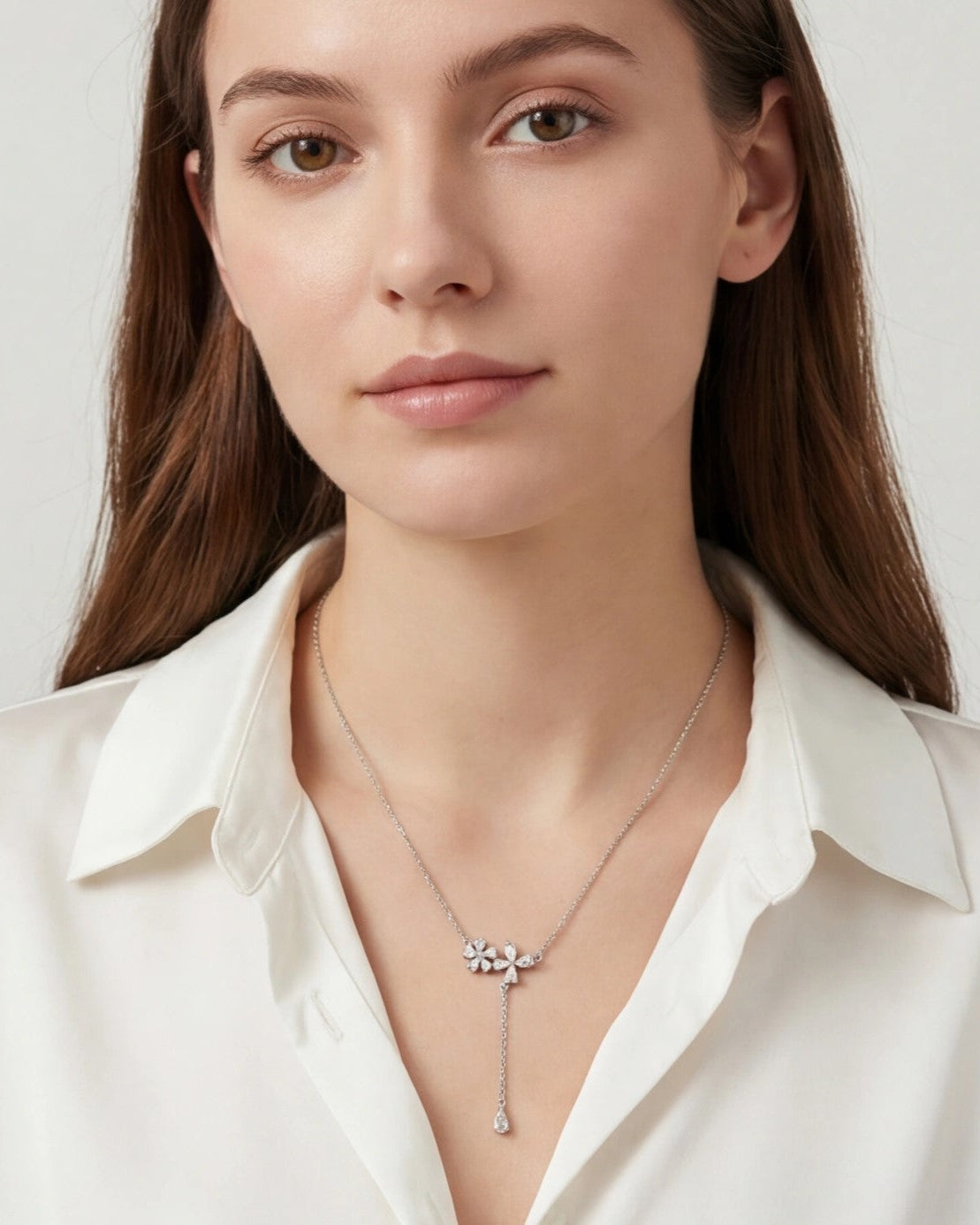 CZ Flower Drop Necklace for Women#color_silver