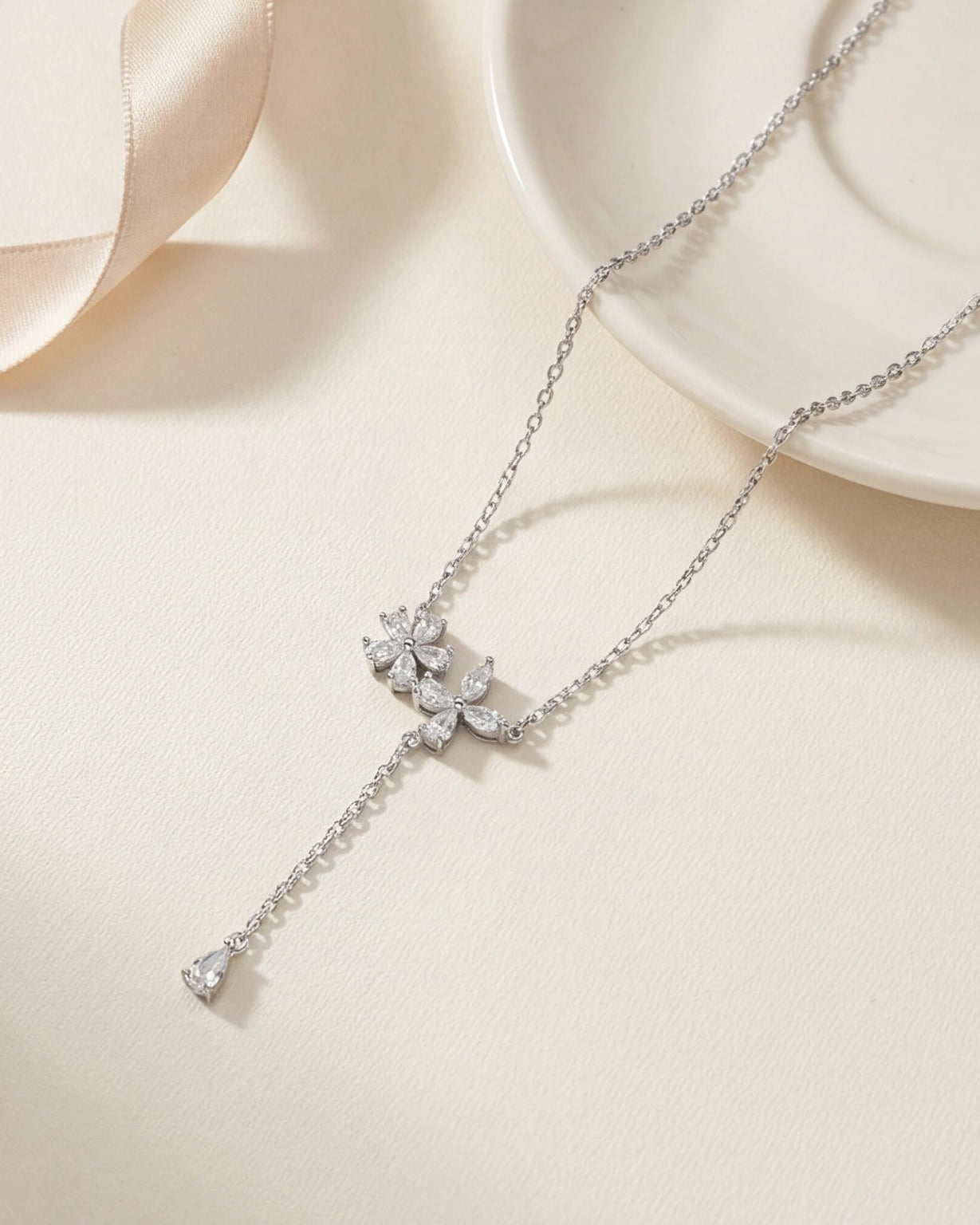 CZ Flower Drop Necklace for Women#color_silver