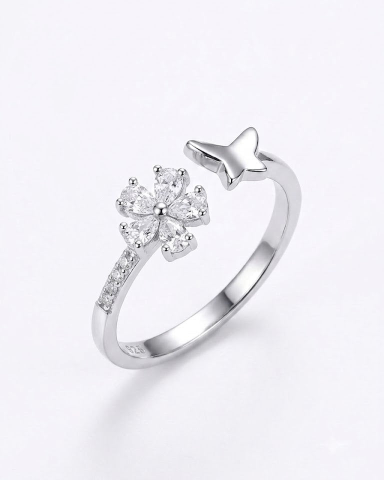 925 Silver Flower Star Adjustable Ring #color_silver