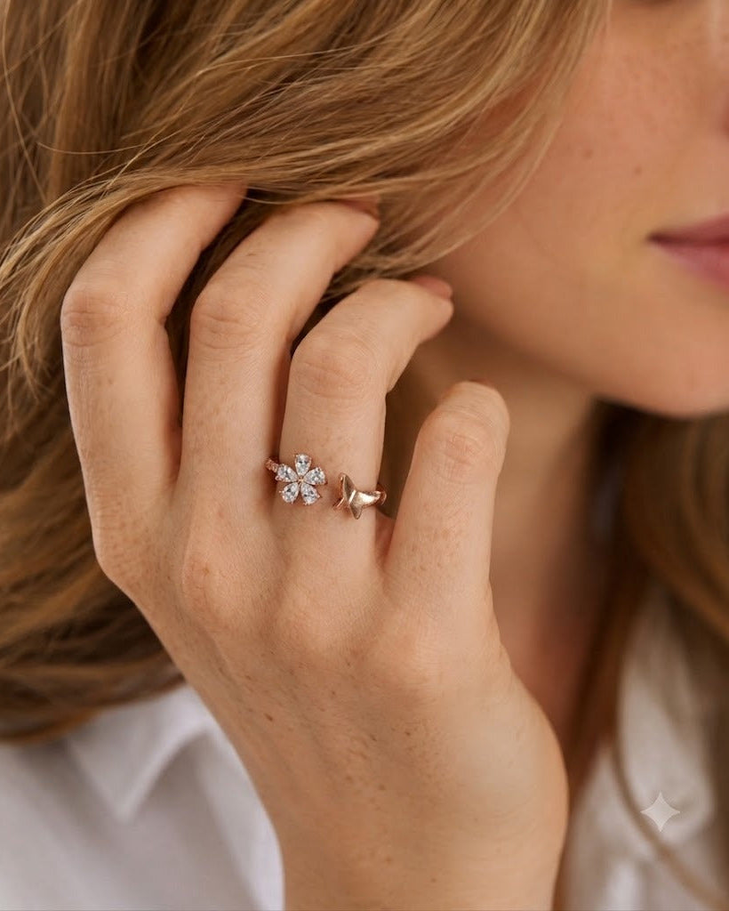 925 Silver Flower Star Adjustable Ring #color_rose gold