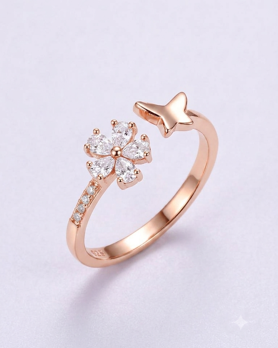 925 Silver Flower Star Adjustable Ring #color_rose gold