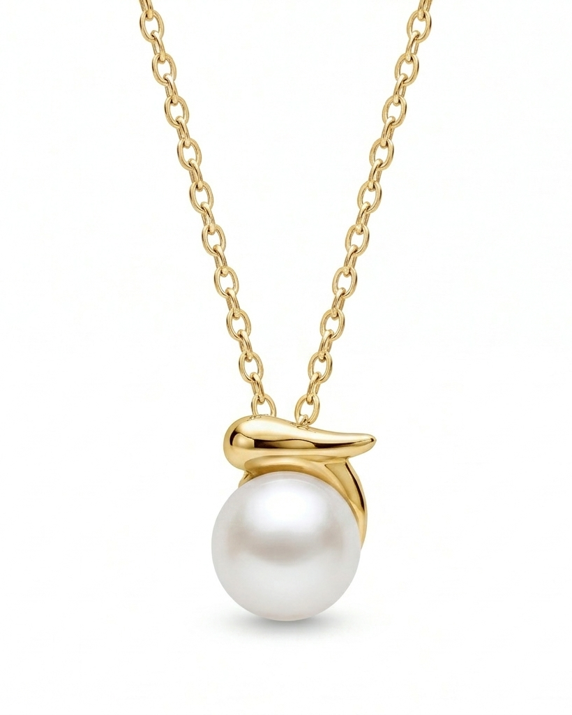 Gold necklace with a white pearl pendant on a white background #color_gold