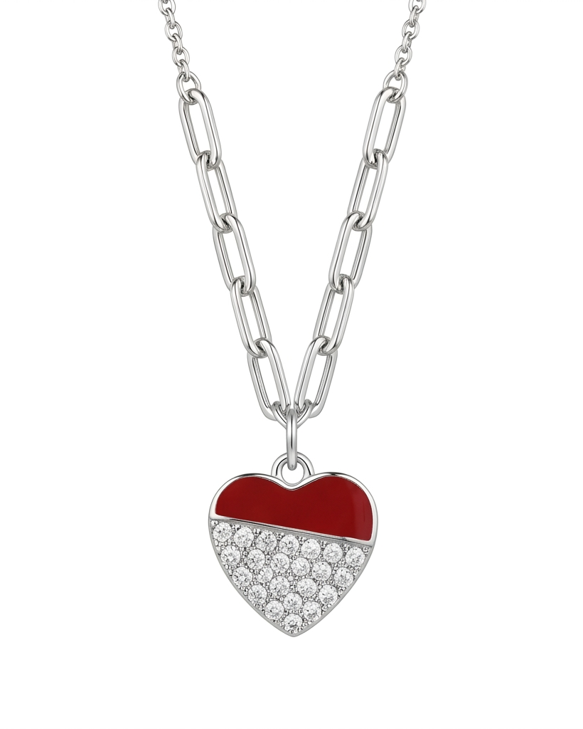 Necklace with a heart-shaped pendant featuring red and clear stones on a white background #color_silver