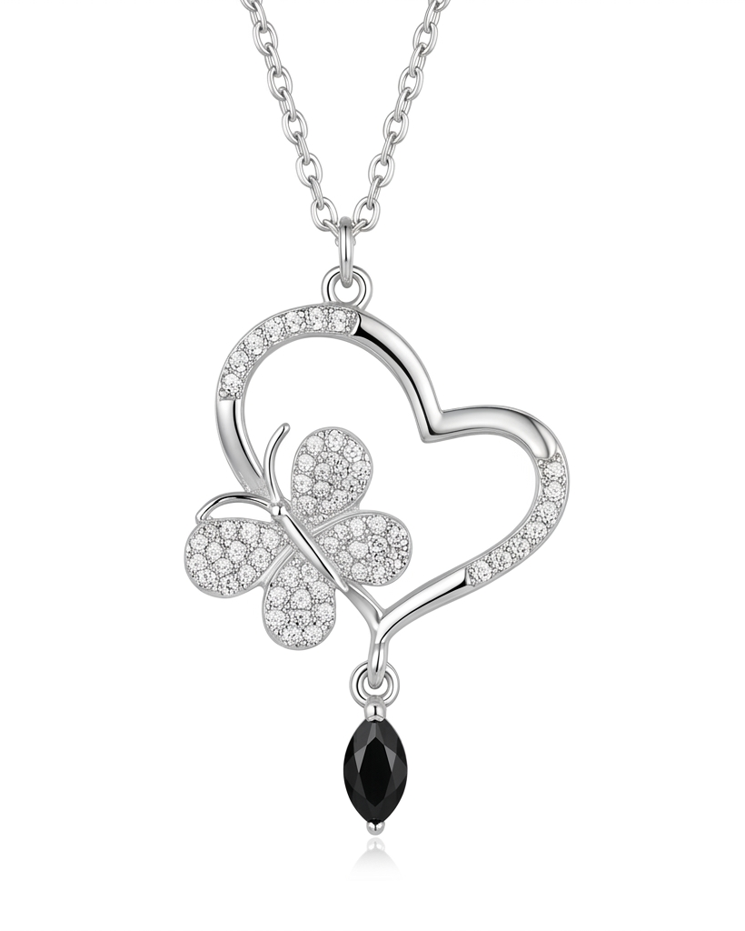 Pave Heart & Butterfly Pendant With Black Drop #color_silver