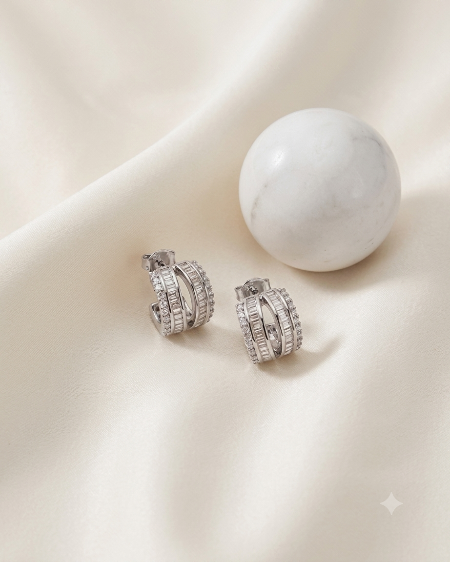 Arch Stud Earrings | Baguette & Round 925 Silver Hoop Studs