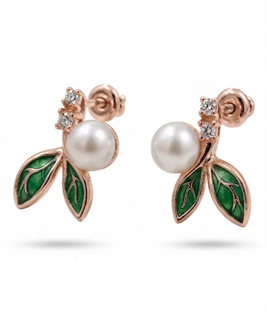 Pair of earrings with pearls, green leaves, and rose gold accents on a white background #color_rose gold 