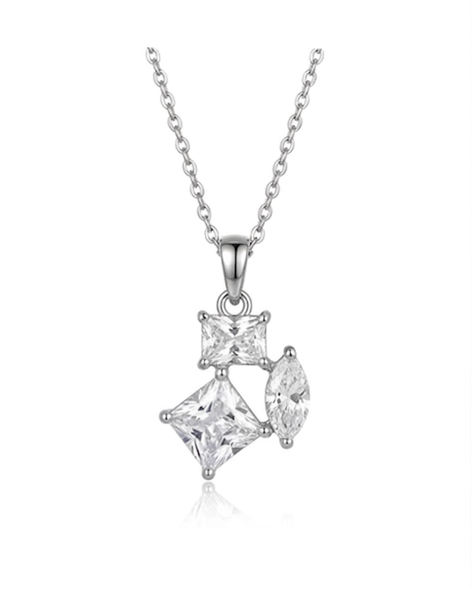 Diamond necklace with three prong settings on a white background #color_silver