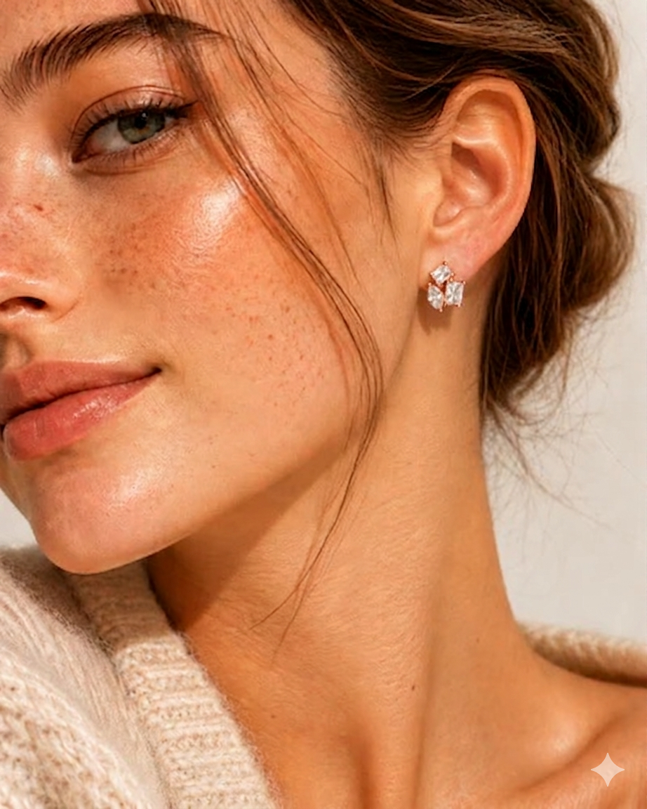 Close-up of a woman wearing diamond earrings with a neutral background #color_rose gold