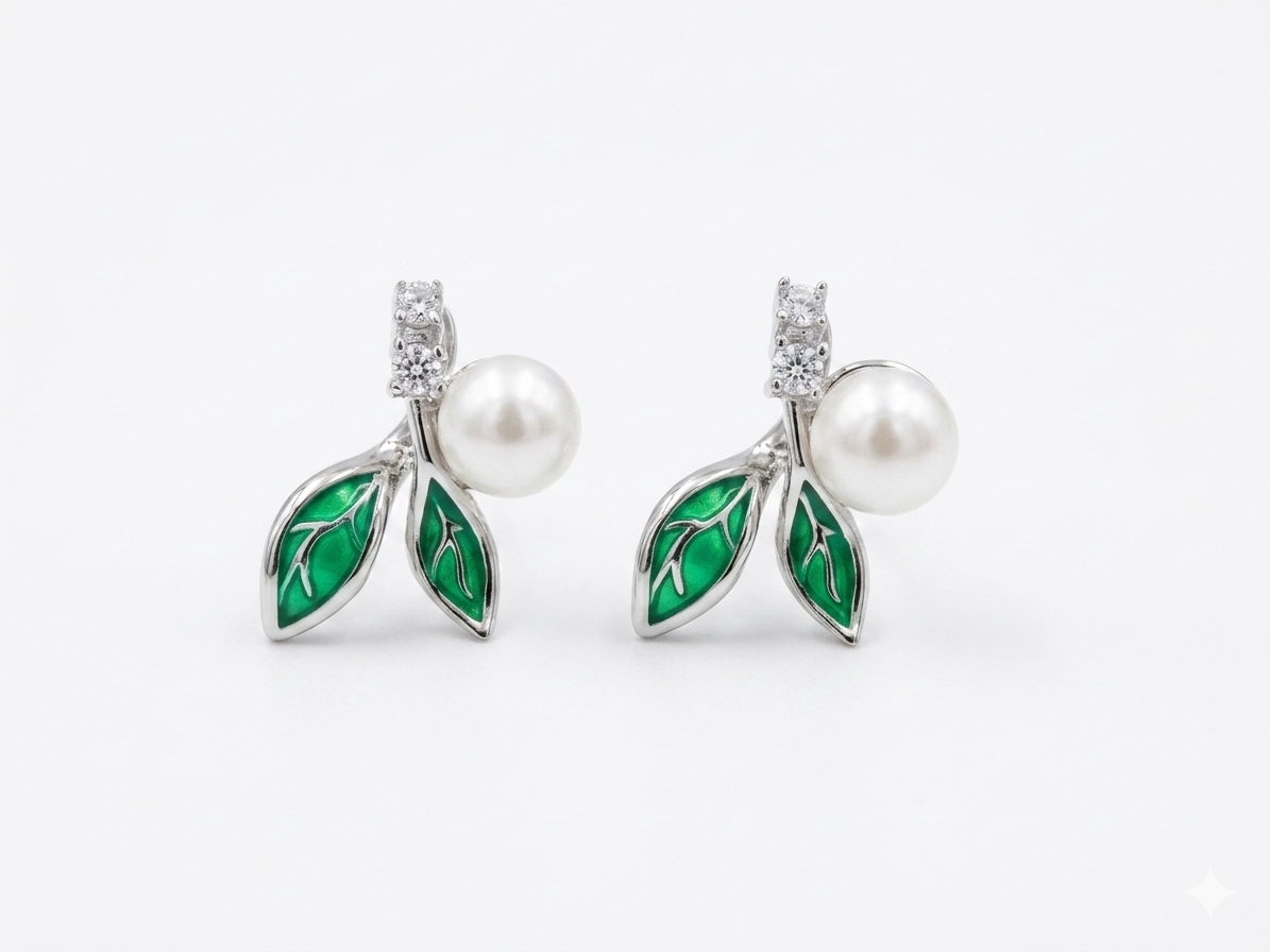 Emerald Pearl Leaf Stud Earrings #color_silver