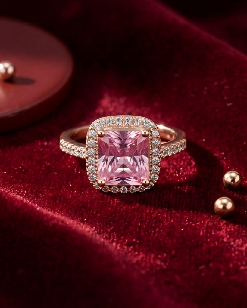 Rose gold ring with a pink gemstone on a red velvet background #color_rose gold