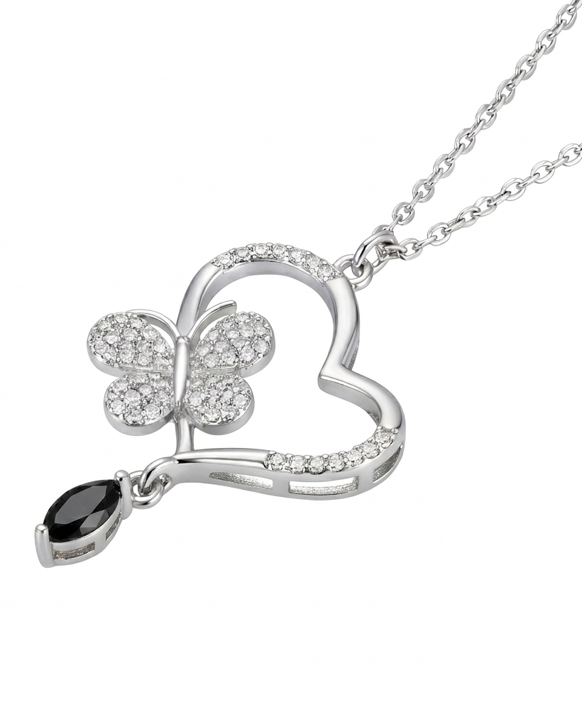 Pave Heart & Butterfly Pendant With Black Drop #color_silver