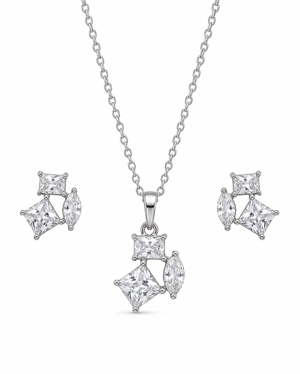 925 Sterling Silver geometric cluster necklace and earrings #color_silver