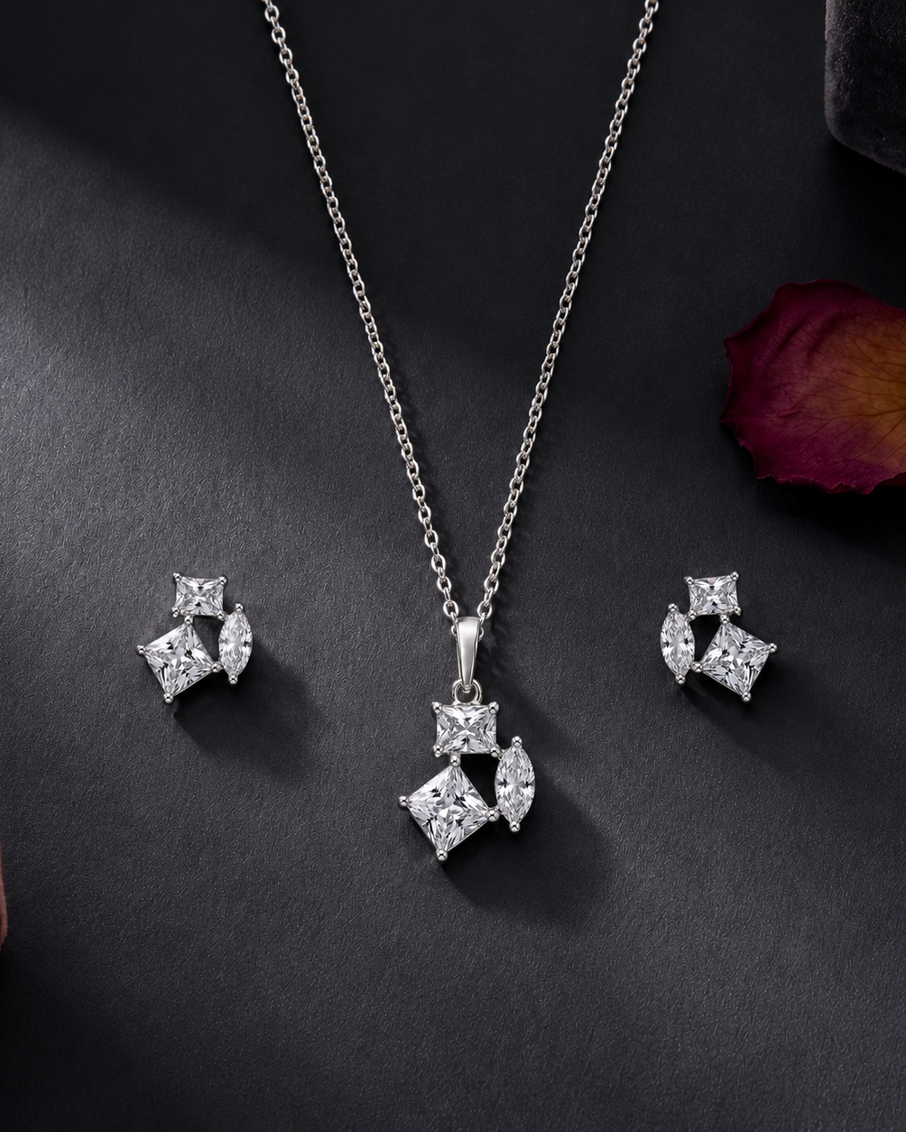 925 Sterling Silver geometric cluster necklace and earrings #color_silver