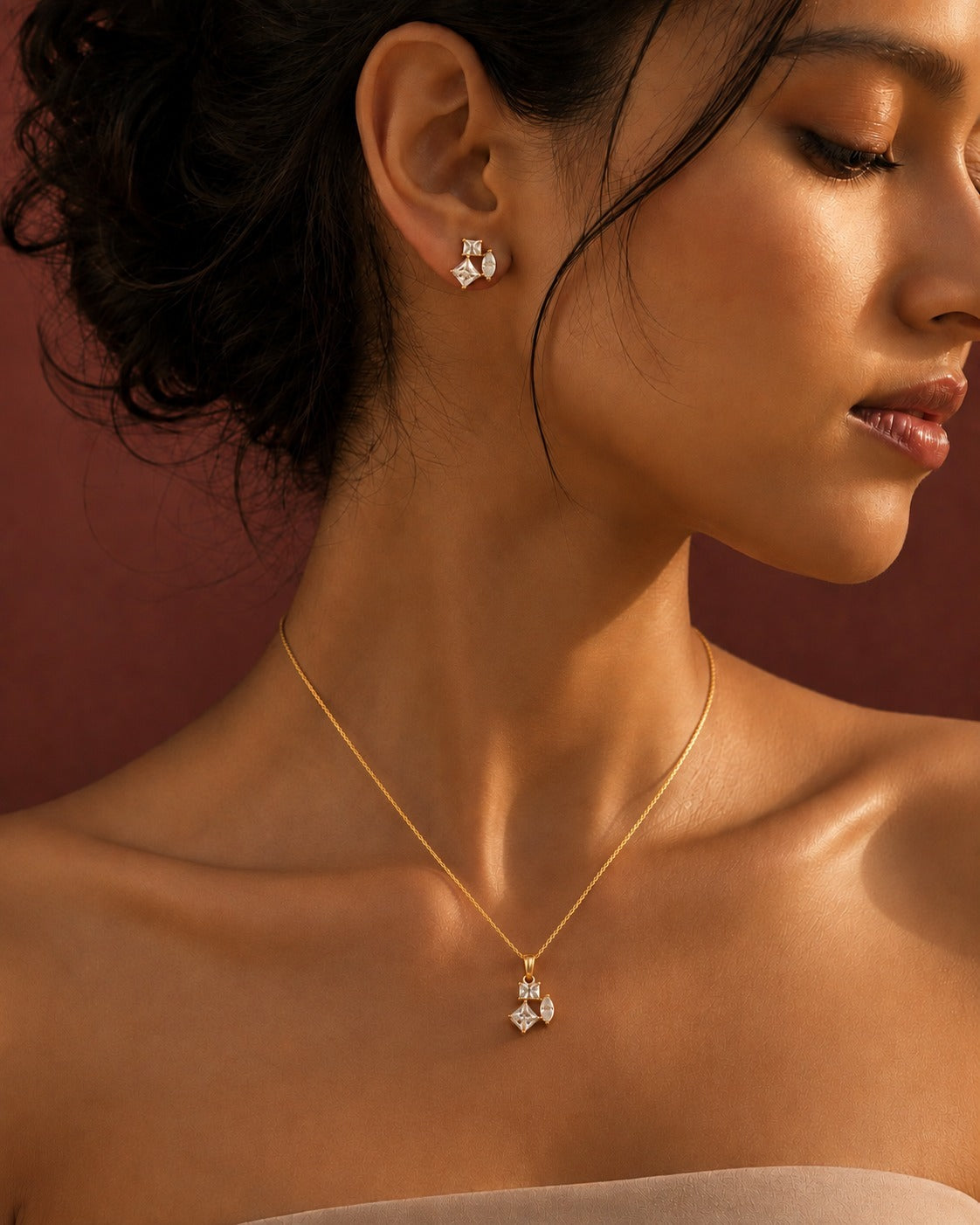 925 Sterling Silver geometric cluster necklace and earrings set #color_gold