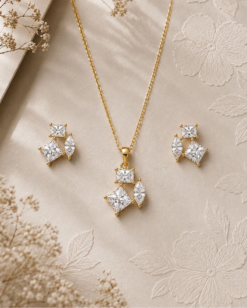 925 Sterling Silver geometric cluster necklace and earrings set #color_gold