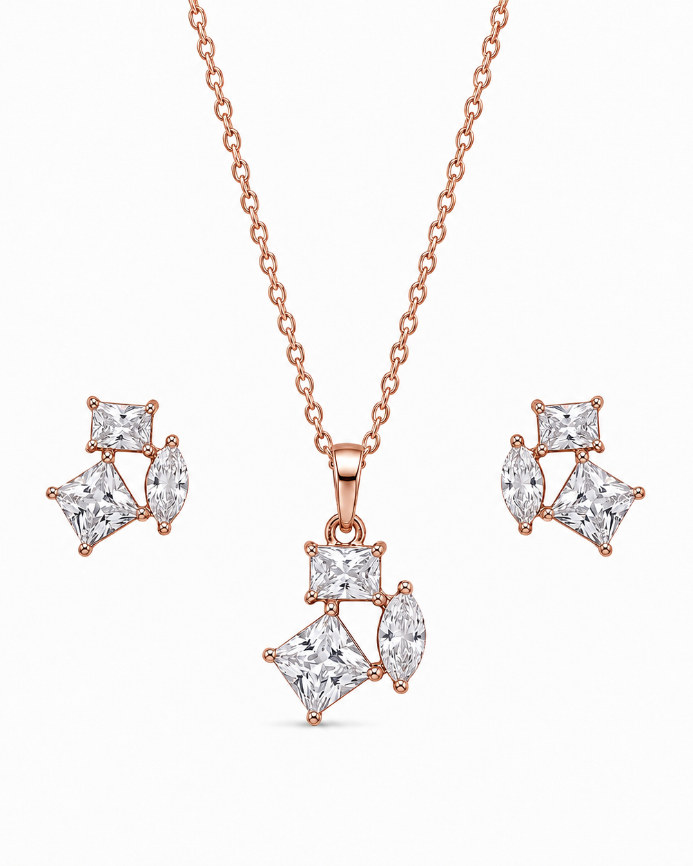925 Sterling Silver geometric cluster necklace and earrings set #color_rose gold