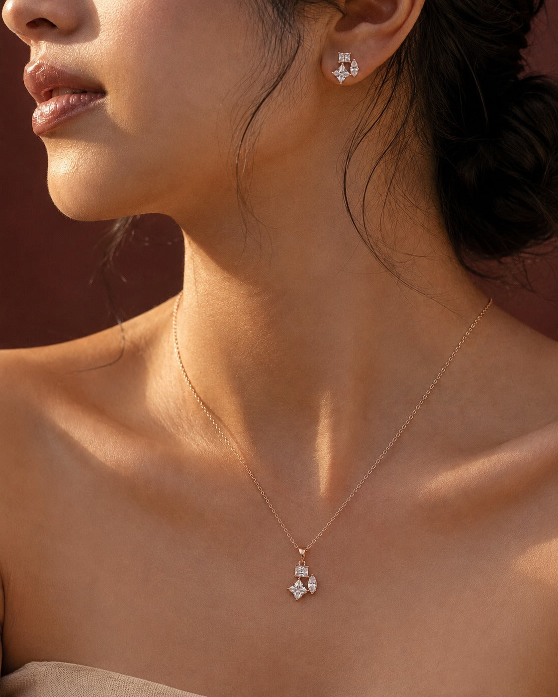 925 Sterling Silver geometric cluster necklace and earrings set #color_rose gold