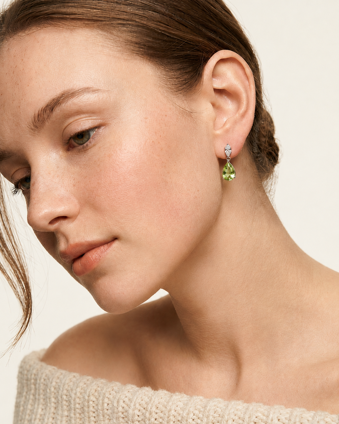 green pear-cut drop earrings with white pavé top #color_silver