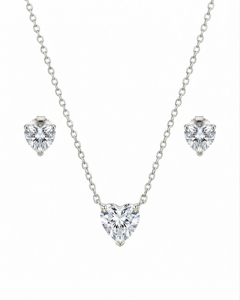 925 Sterling Silver heart-shaped solitaire necklace and earrings set #color_silver