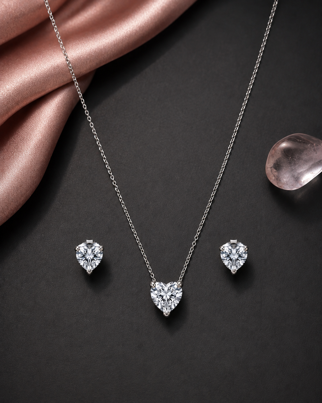 925 Sterling Silver heart-shaped solitaire necklace and earrings set #color_silver