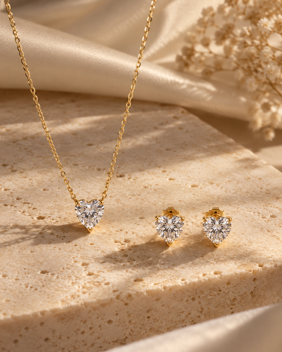 925 Sterling Silver heart-shaped solitaire necklace and earrings set #color_gold