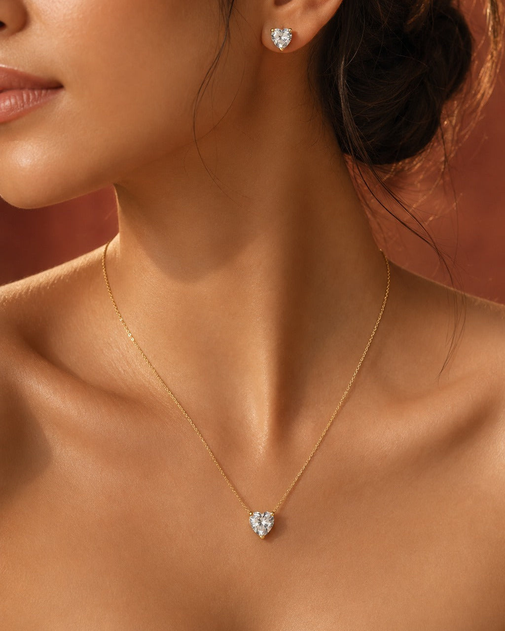 925 Sterling Silver heart-shaped solitaire necklace and earrings set #color_gold
